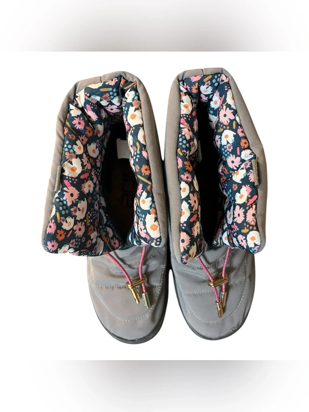 Hey Dude Gray Winter Rain Boots with Floral Lining and Pink Accents